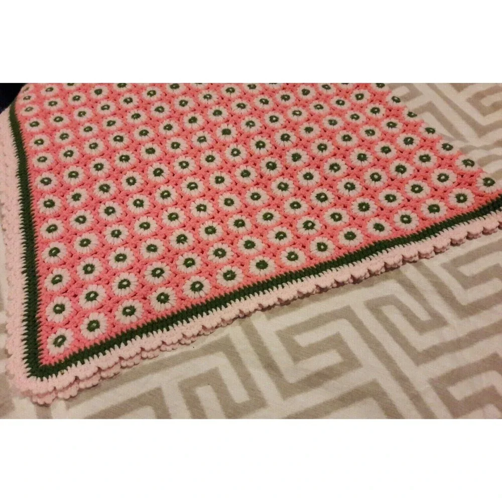 Vintage Crochet Pink Green Daisy Afghan Boho Blanket Lilly 70s Afghan
